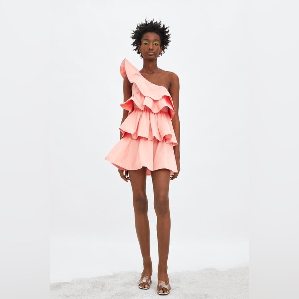 Zara one-shoulder bubblegum pink ruffle mini-dress